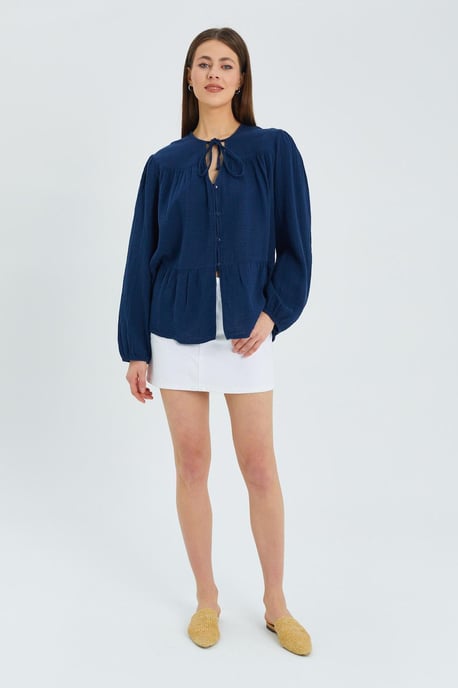 Lange Mouwen Ontspannen Pasvorm Blouse met Strikhals - Image 2