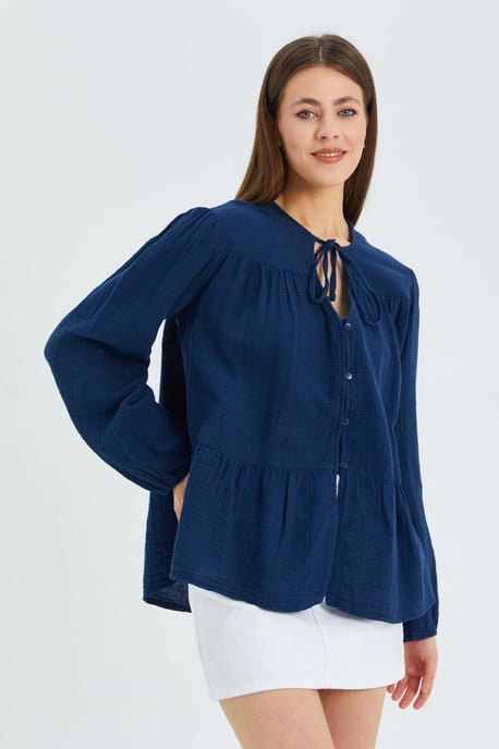 Lange Mouwen Ontspannen Pasvorm Blouse met Strikhals - Image 3