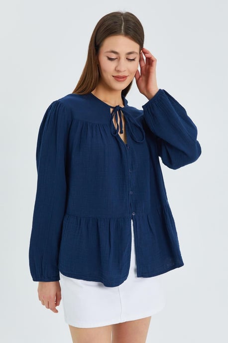 Lange Mouwen Ontspannen Pasvorm Blouse met Strikhals - Image 5