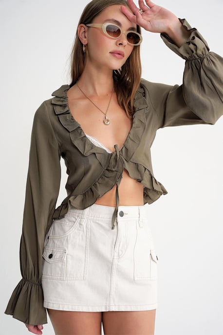 Frilly V-hals Lange Mouw Crop Blouse - Image 2