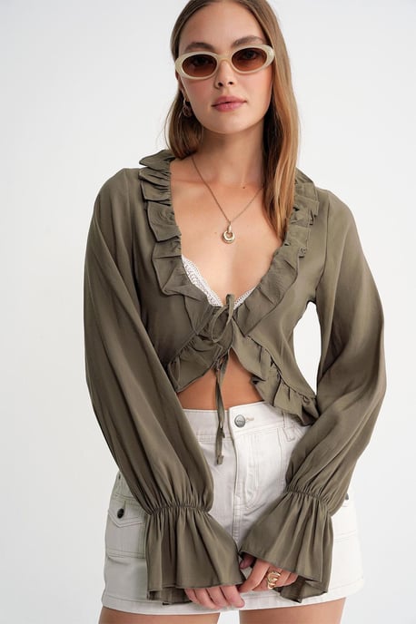 Frilly V-hals Lange Mouw Crop Blouse - Image 3