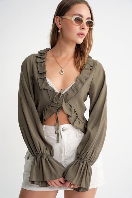 Frilly V-hals Lange Mouw Crop Blouse - Image 4