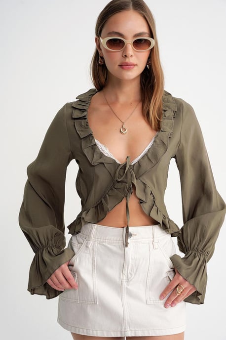 Frilly V-hals Lange Mouw Crop Blouse - Image 5