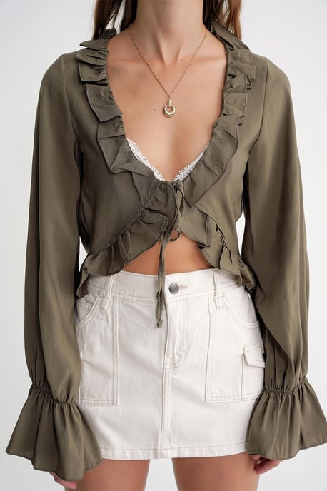 Frilly V-hals Lange Mouw Crop Blouse - Image 6
