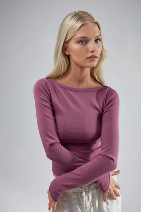 Slim Fit Ribbed Boat Neck Blouse - Image 2