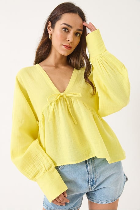Gestructureerde V-hals Crop Blouse met Strik - Image 3