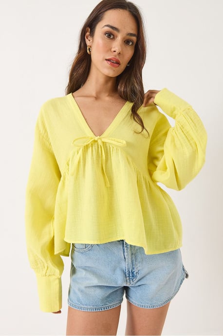 Gestructureerde V-hals Crop Blouse met Strik - Image 4