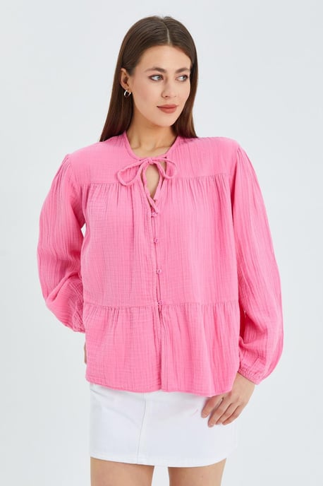 Lange Mouwen Losse Blouse met Strikhals - Image 3