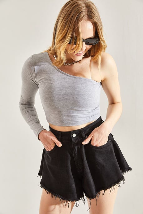 Asymmetrisk Krage Crop Blus - Image 2