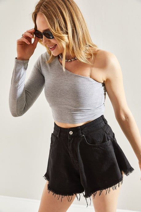 Asymmetrisk Krage Crop Blus - Image 4