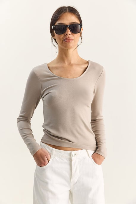 Slim Fit U-hals Stickad Blus - Image 2