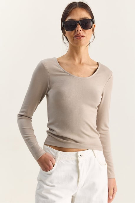 Slim Fit U-hals Stickad Blus - Image 3