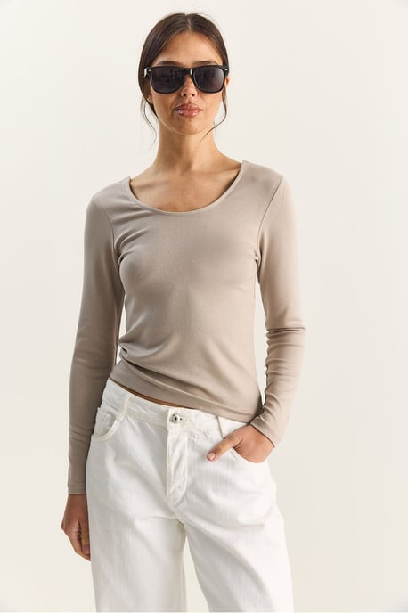 Slim Fit U-hals Stickad Blus - Image 4