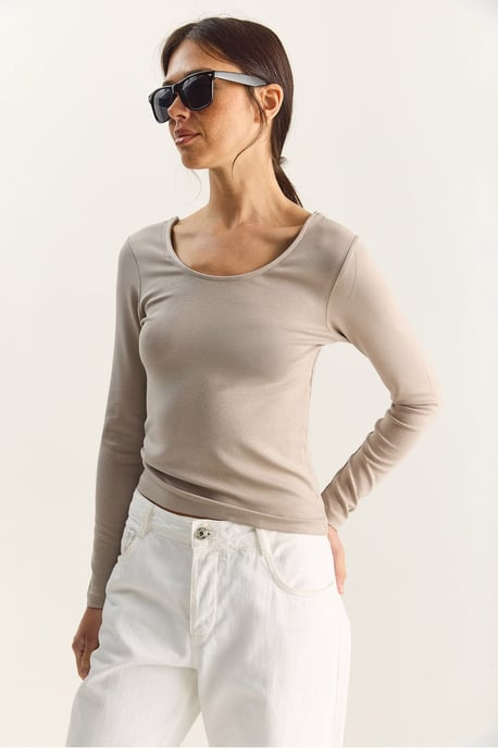 Slim Fit U-hals Stickad Blus - Image 5