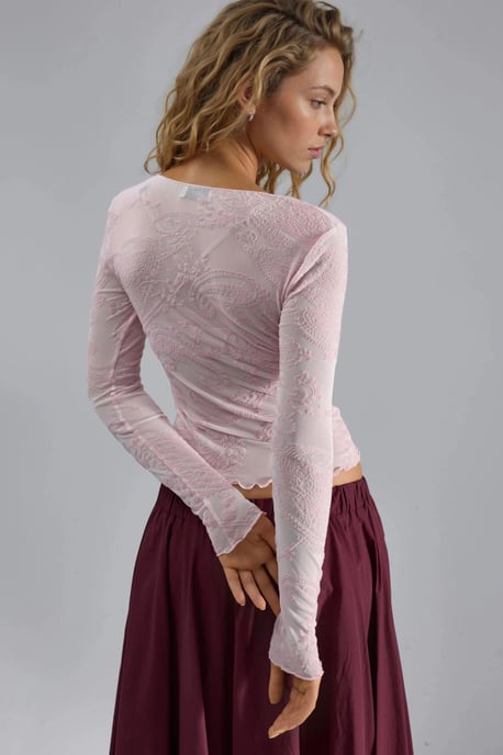 Figurpassande långärmad blus i tyll med flocktryck - Image 3