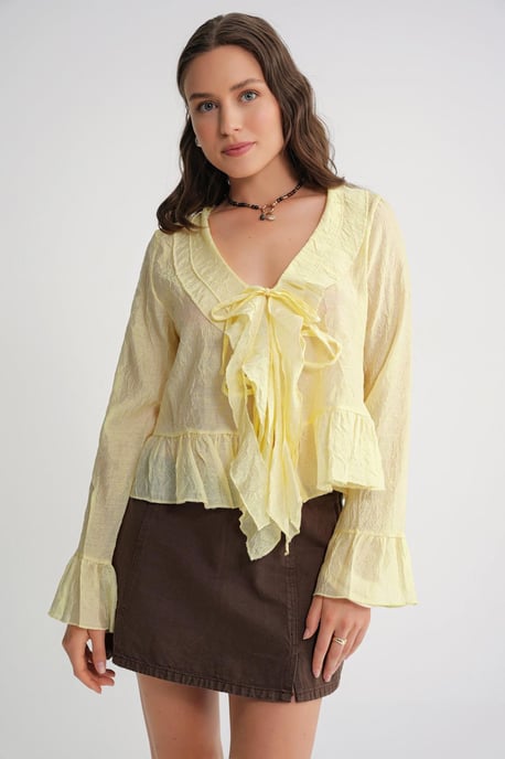 V-Neck Ruffle Blouse with Drawstring - Image 1