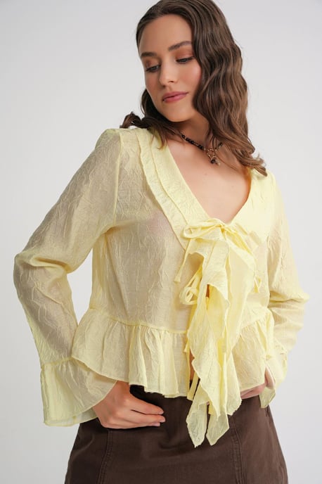 V-Neck Ruffle Blouse with Drawstring - Image 3