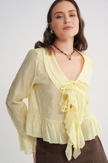 V-Neck Ruffle Blouse with Drawstring - Image 4