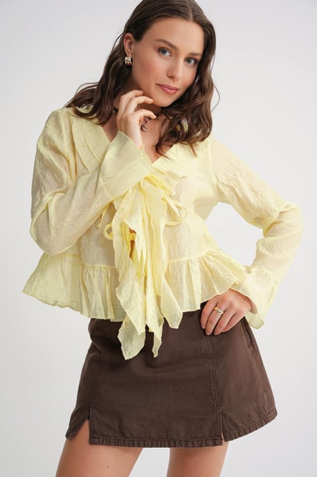 V-Neck Ruffle Blouse with Drawstring - Image 5