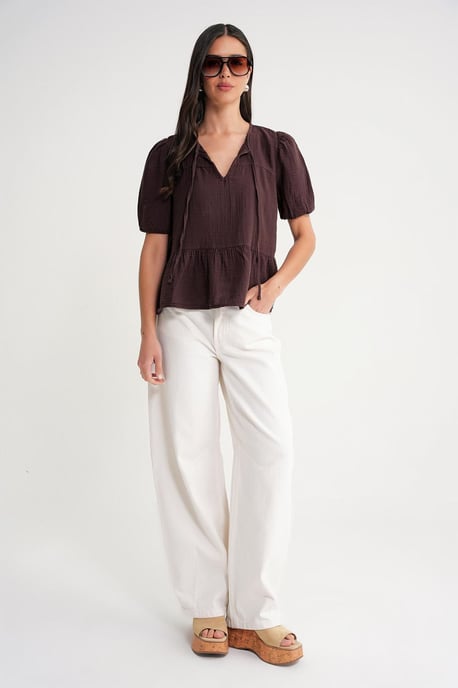 Gestructureerde Mousseline Crew Neck Blouse met Binding Detail - Image 2