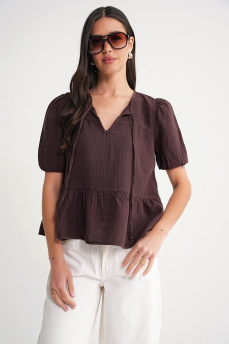 Gestructureerde Mousseline Crew Neck Blouse met Binding Detail - Image 4