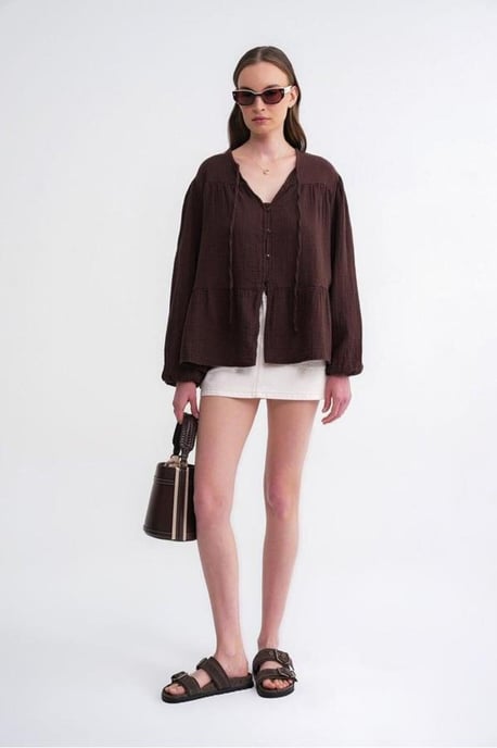 Lange Mouwen Losse Blouse met Strikhals - Image 3