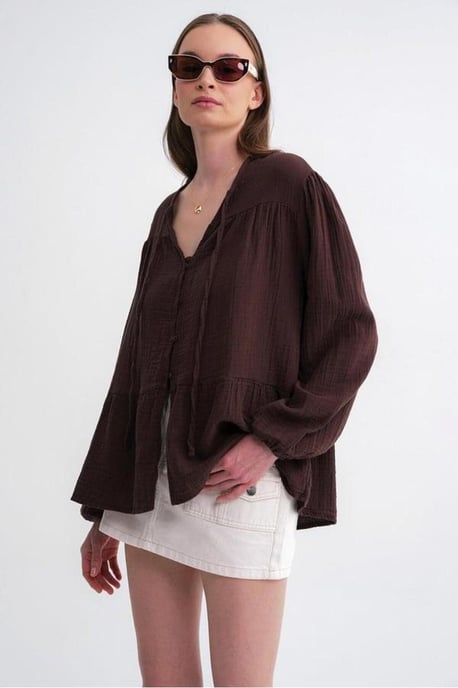 Lange Mouwen Losse Blouse met Strikhals - Image 4