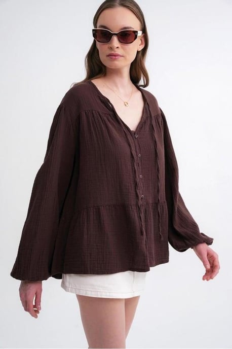 Lange Mouwen Losse Blouse met Strikhals - Image 5