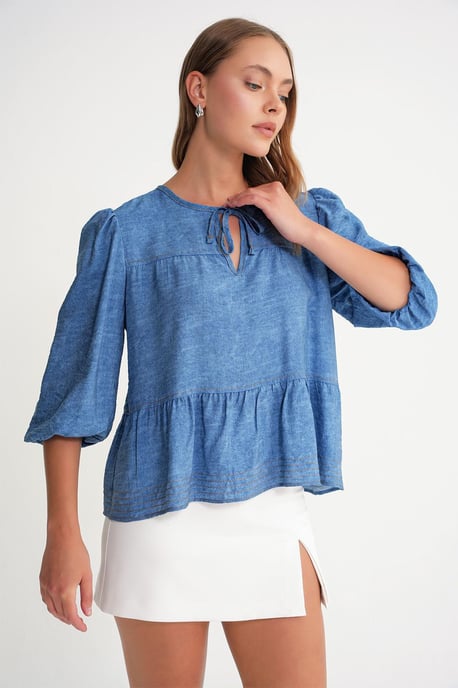 Denim-look Rynkad Ballongärm Blus - Image 3