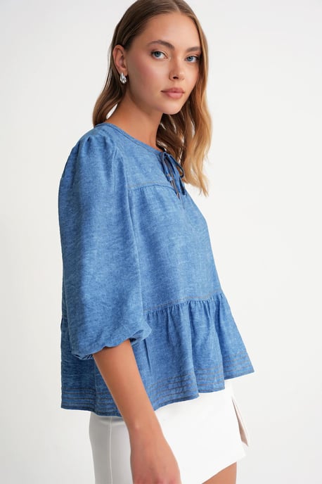 Denim-look Rynkad Ballongärm Blus - Image 4