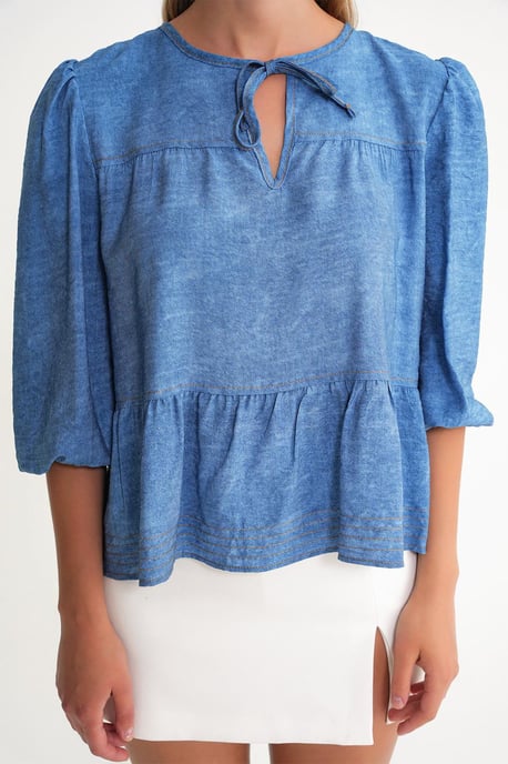 Denim-look Rynkad Ballongärm Blus - Image 5