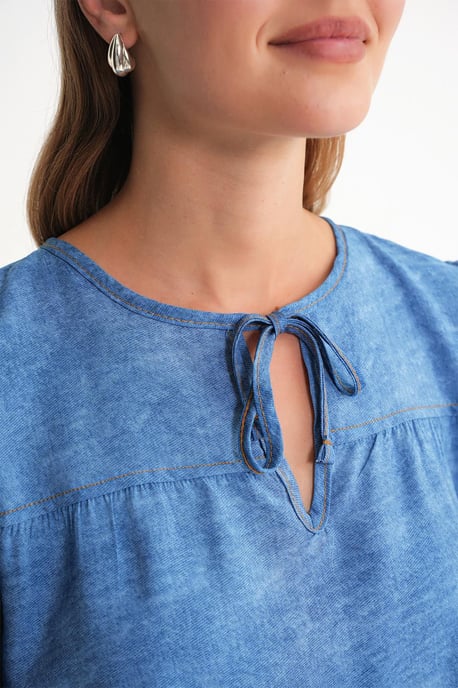 Denim-look Rynkad Ballongärm Blus - Image 6