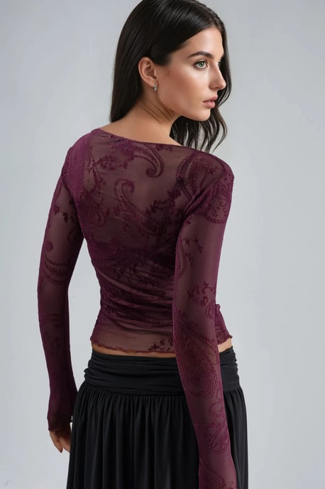 Aangesloten Lange Mouwen Flockprint Tulle Blouse - Image 3