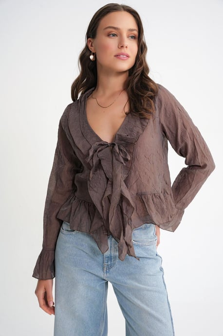 V-Neck Ruffle Blouse with Drawstring - Image 1