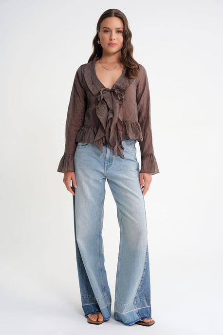 V-Neck Ruffle Blouse with Drawstring - Image 2
