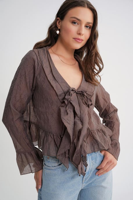 V-Neck Ruffle Blouse with Drawstring - Image 3