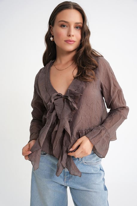 V-Neck Ruffle Blouse with Drawstring - Image 4