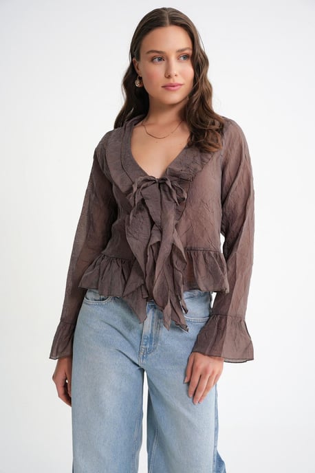 V-Neck Ruffle Blouse with Drawstring - Image 5