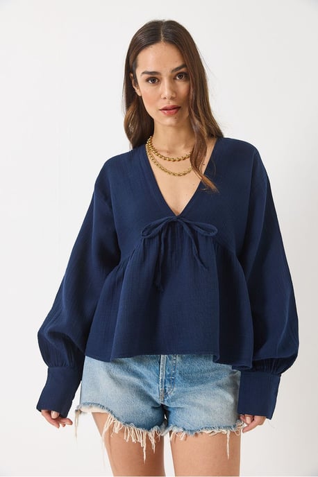 Gestructureerde V-hals Cropped Blouse met Strik - Image 2