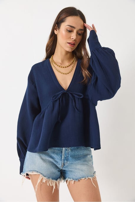 Gestructureerde V-hals Cropped Blouse met Strik - Image 3