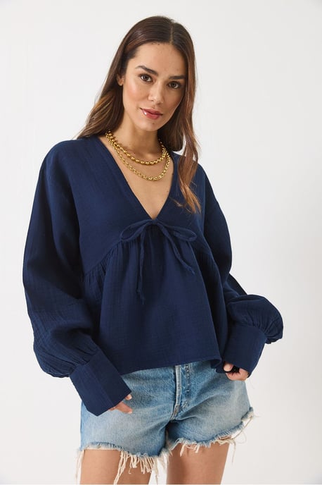 Gestructureerde V-hals Cropped Blouse met Strik - Image 4