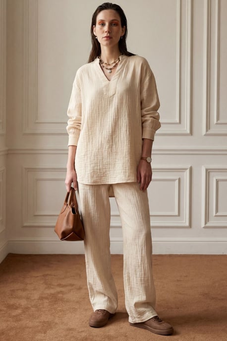 V-hals Blouse & Wijde Pantalon Muslin Twee-delig Set - Image 1
