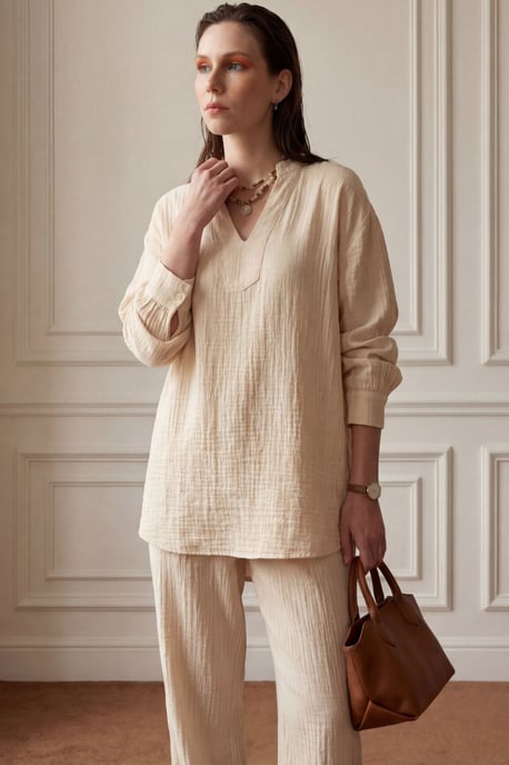 V-hals Blouse & Wijde Pantalon Muslin Twee-delig Set - Image 2