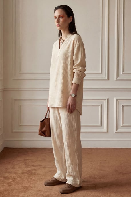V-hals Blouse & Wijde Pantalon Muslin Twee-delig Set - Image 3