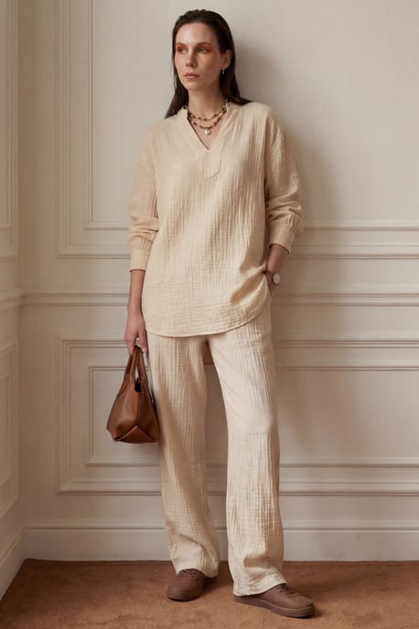 V-hals Blouse & Wijde Pantalon Muslin Twee-delig Set - Image 5
