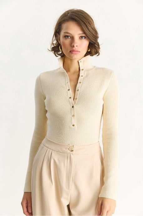 Getailleerde Langemouwen Gebreide Blouse met Drukknoopsluiting - Image 2
