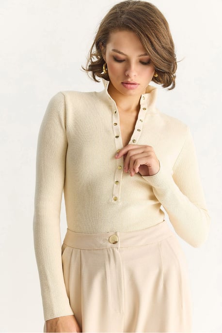Getailleerde Langemouwen Gebreide Blouse met Drukknoopsluiting - Image 4