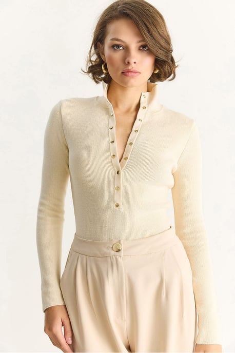 Getailleerde Langemouwen Gebreide Blouse met Drukknoopsluiting - Image 5