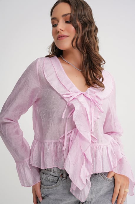 V-Neck Ruffle Blouse with Drawstring - Image 2