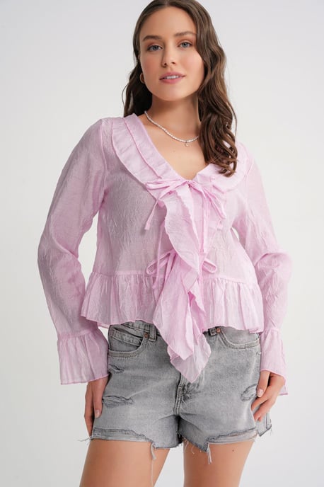 V-Neck Ruffle Blouse with Drawstring - Image 3